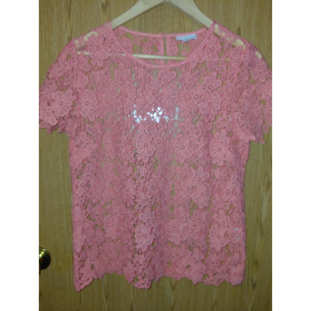 Liz Claiborne Petite Coral Pink Floral Lace Short Sleeve Blouse Top PS